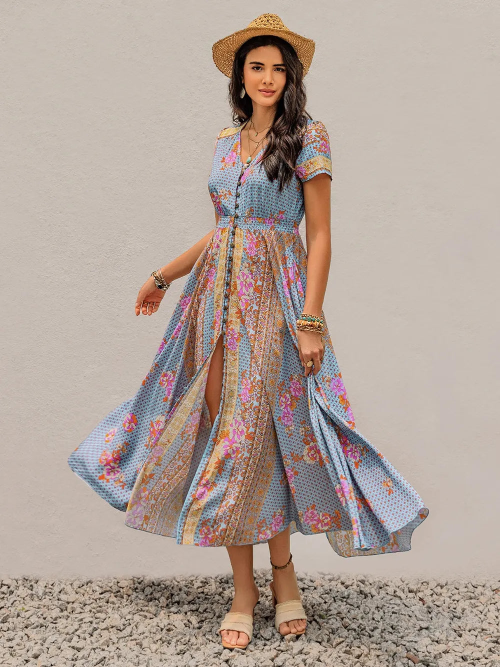 knee length dresses for ladies Green Floral Smocked Short Sleeve Maternity Midi Dress – PinkBlush main image 0