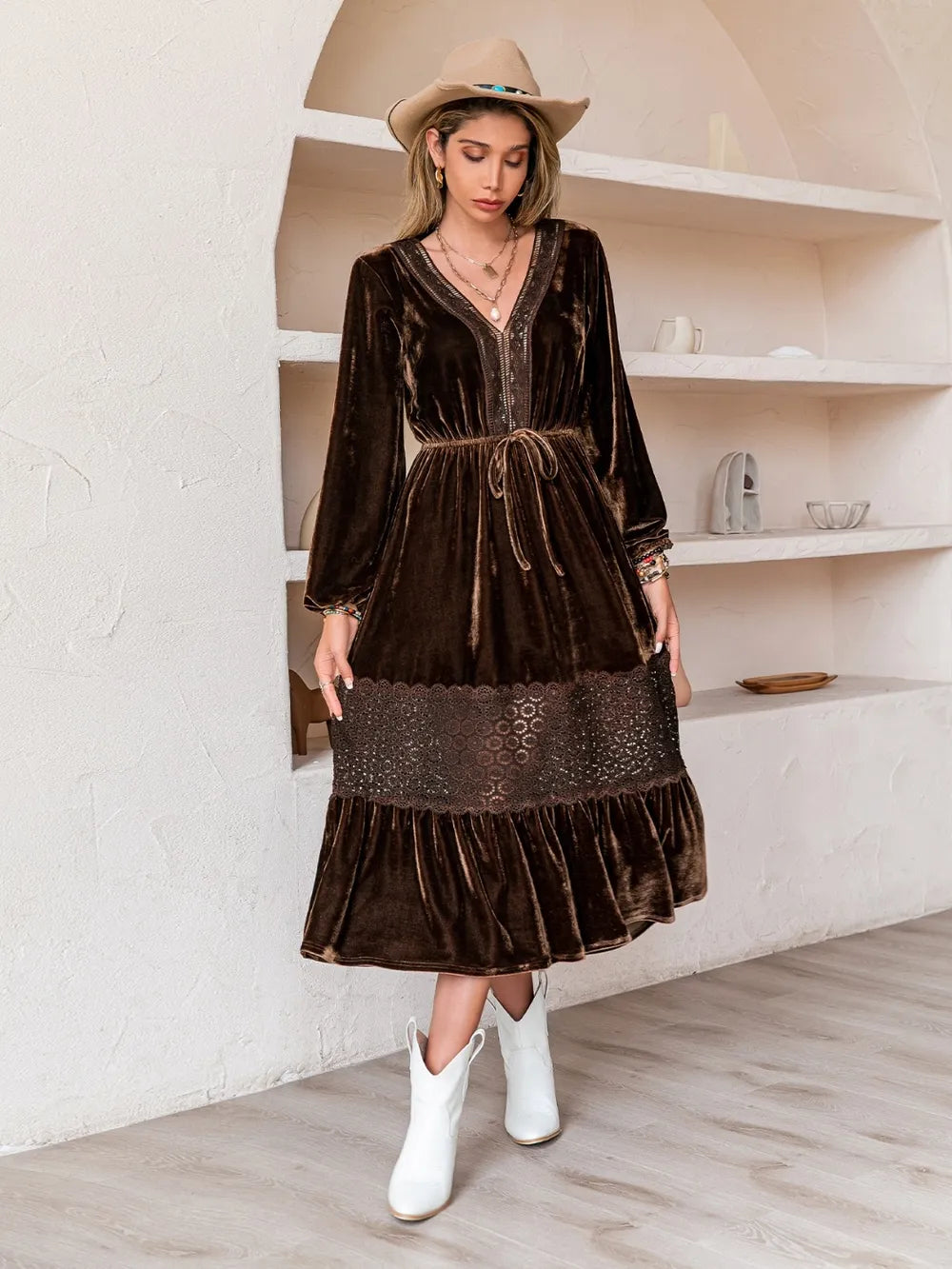 Drawstring V-Neck Crochet Dress Chocolate / M