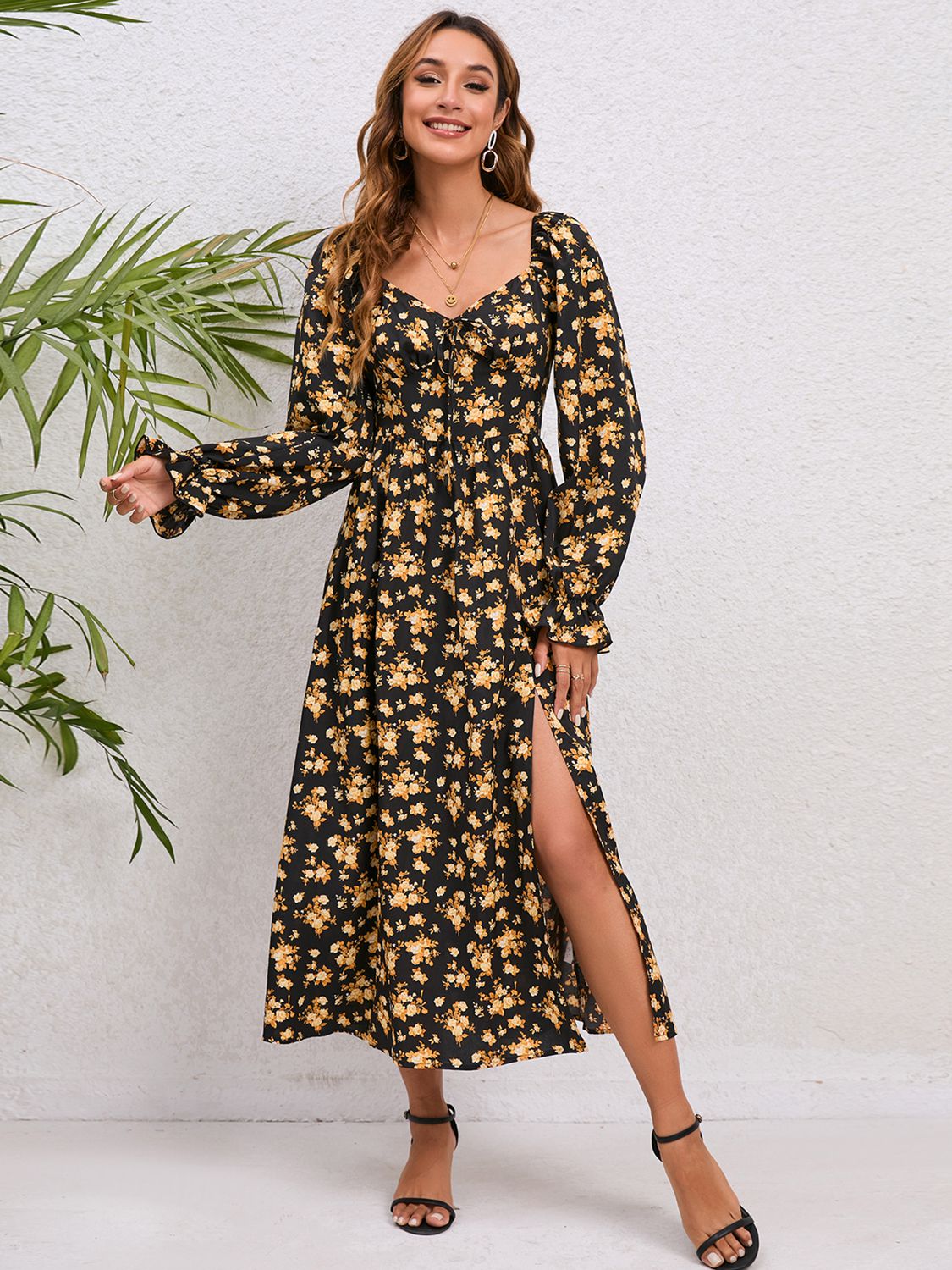 flounce sleeve midi dress Flounce Sleeve Slit Midi Dress Black / XL