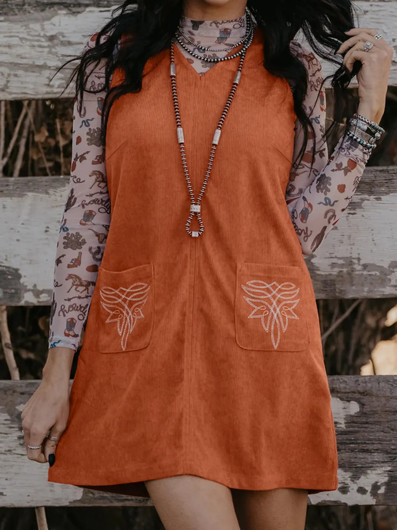 Corduroy Western Embroidered Patched Pocket Shift Sleeveless Mini Dress Ochre / M