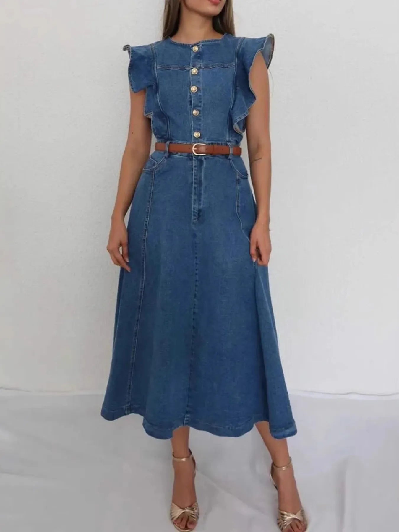 Button-Front Ruffle Sleeve Denim Midi Dress Blue / L Button-Front Ruffle Sleeve Denim Midi Dress Blue / L