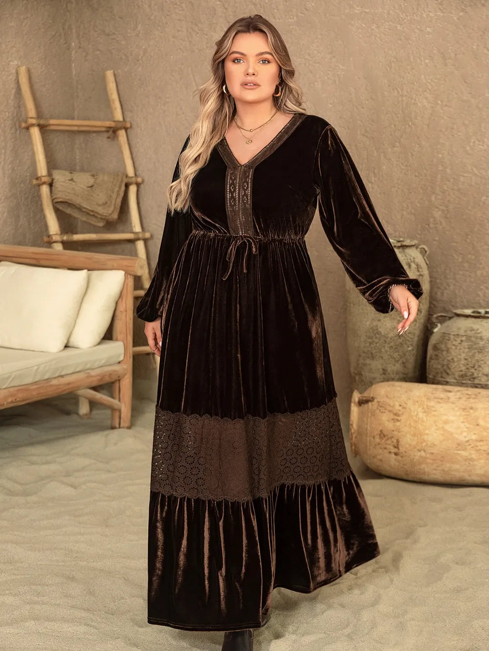 Plus Size V-Neck Balloon Sleeve Maxi Dress Chocolate / 1XL
