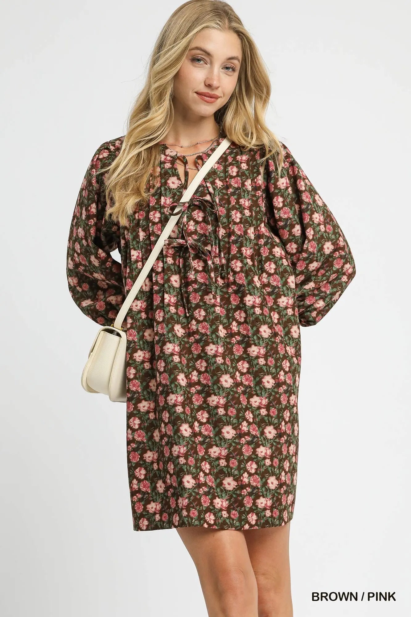 Umgee Floral Tie-Neck Babydoll Dress BROWN / PINK / M Umgee Floral Tie-Neck Babydoll Dress BROWN / PINK / M