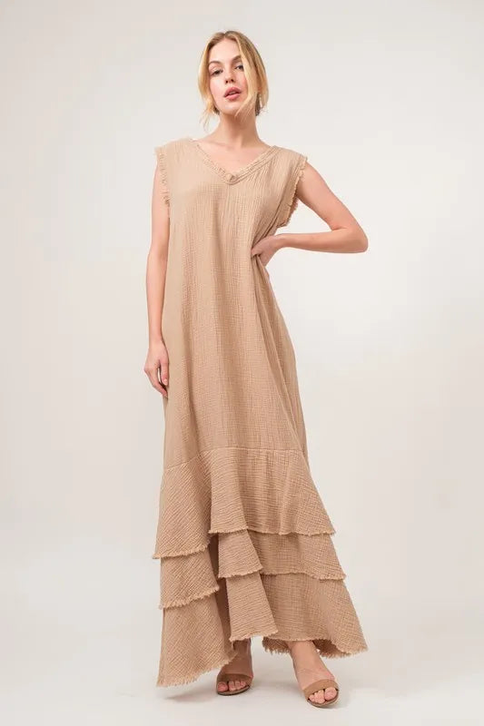 and The Why Washed Cotton Gauze Fringe Detail Tiered Dress Sand / S