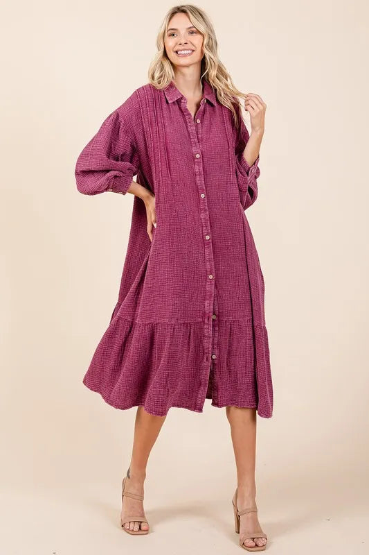 purple midi shirt dress Mineral Wash Cotton Gauze Midi Shirt Dress for Women