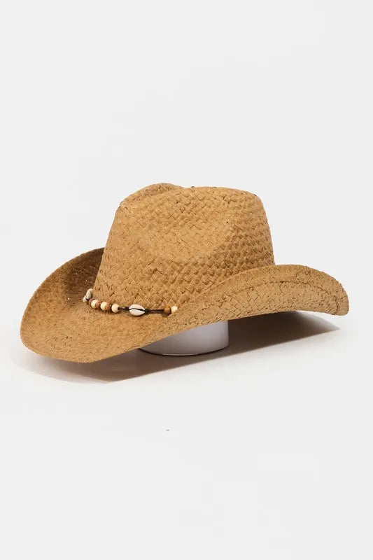 Premium Beaded Cowrie Shell Straw Weave Western Cowboy Hat  display picture 3