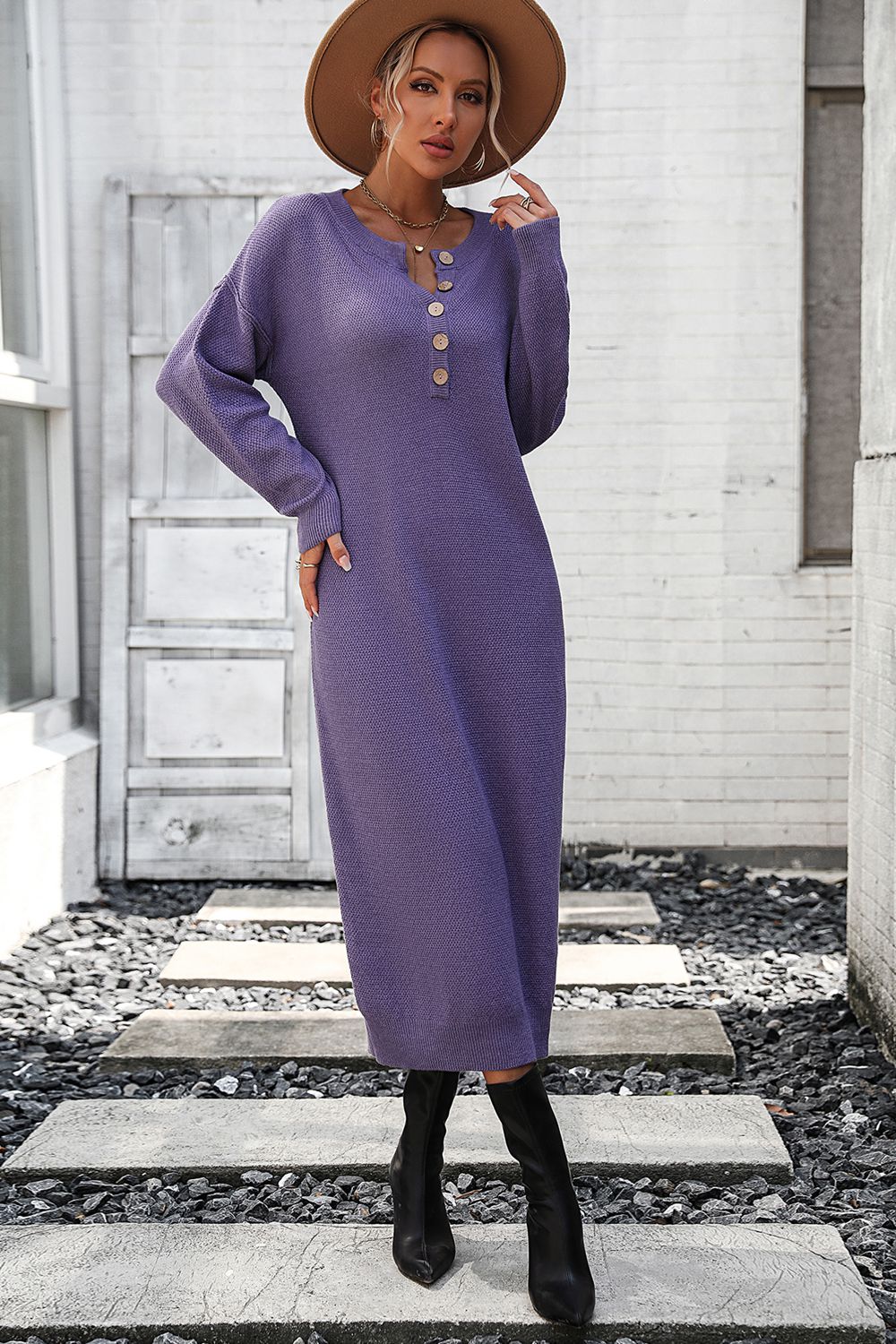 Notched Neck Dropped Shoulder Button-Down Midi Dress Mauve / S Notched Neck Dropped Shoulder Button-Down Midi Dress Mauve / S