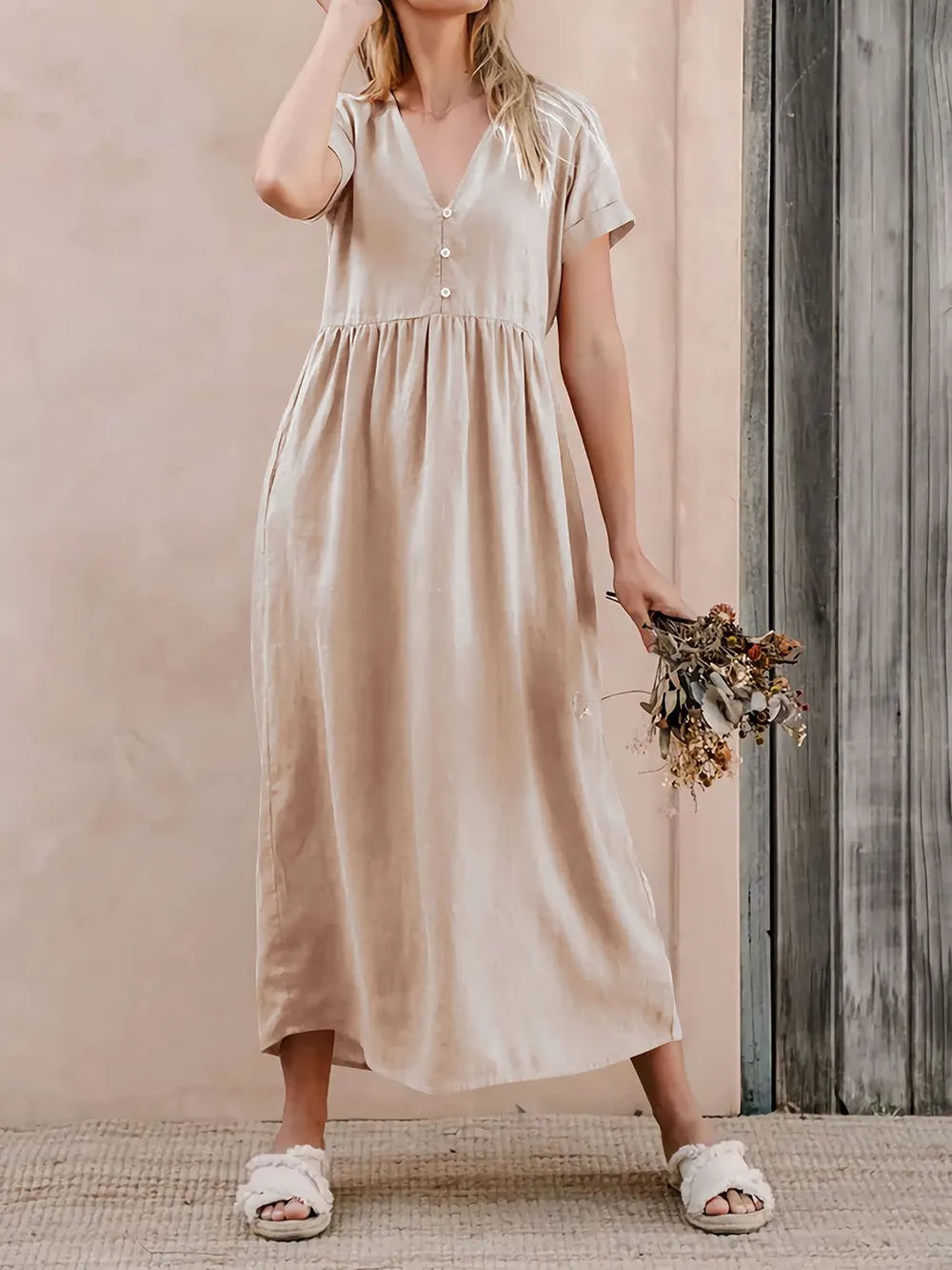 Perfee V-Neck Short Sleeve Midi Dress Tan / S