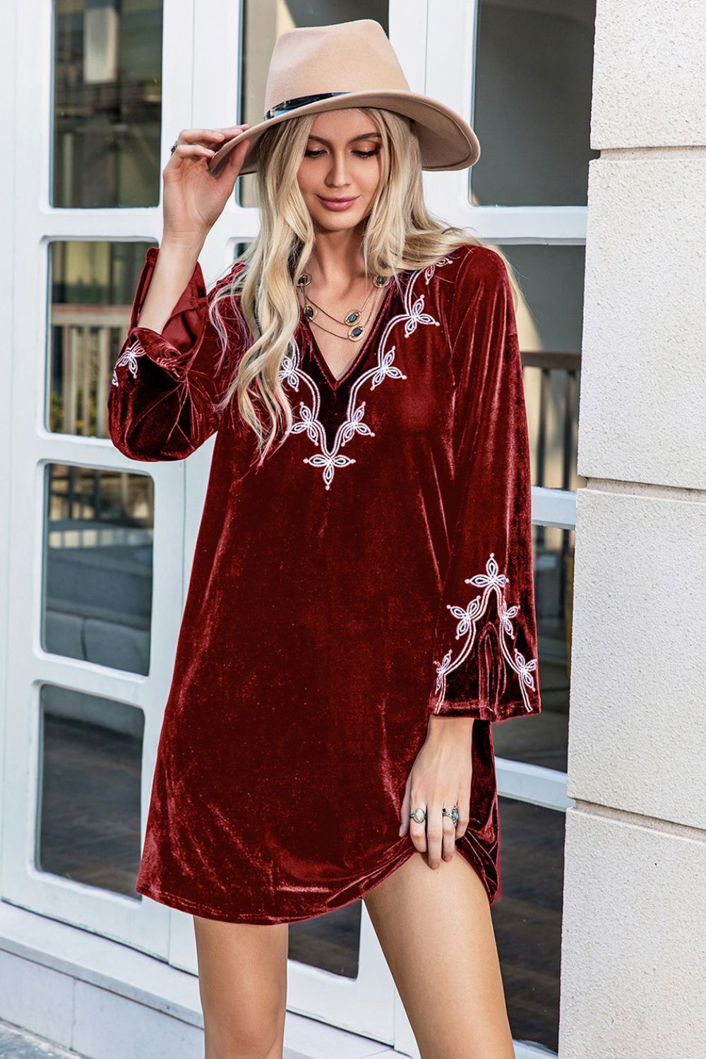 V-Neck Long Sleeve Mini Dress Burgundy / S V-Neck Long Sleeve Mini Dress Burgundy / S