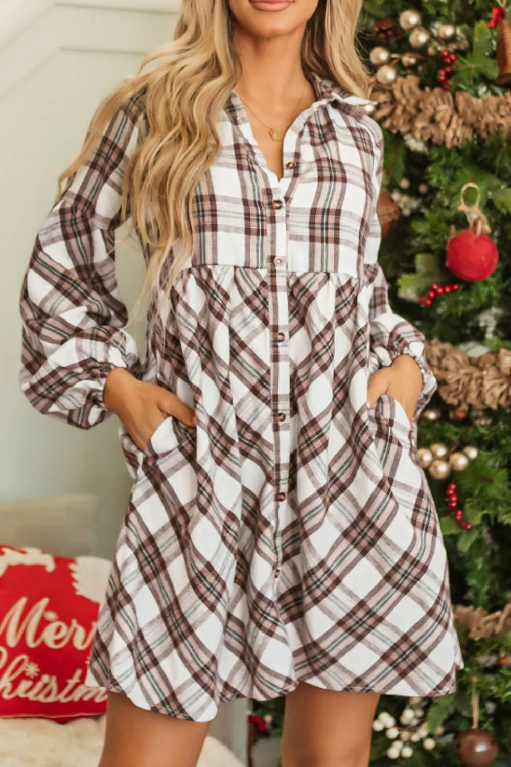 collared plaid mini dress Full Size Plaid Collared Neck Balloon Sleeve Mini Shirt Dress White / XL