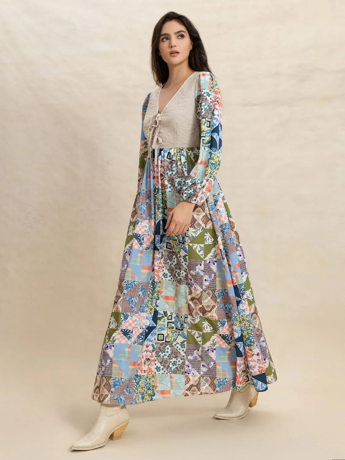 Tied Front Printed Long Sleeve Maxi Dress Multicolor / L
