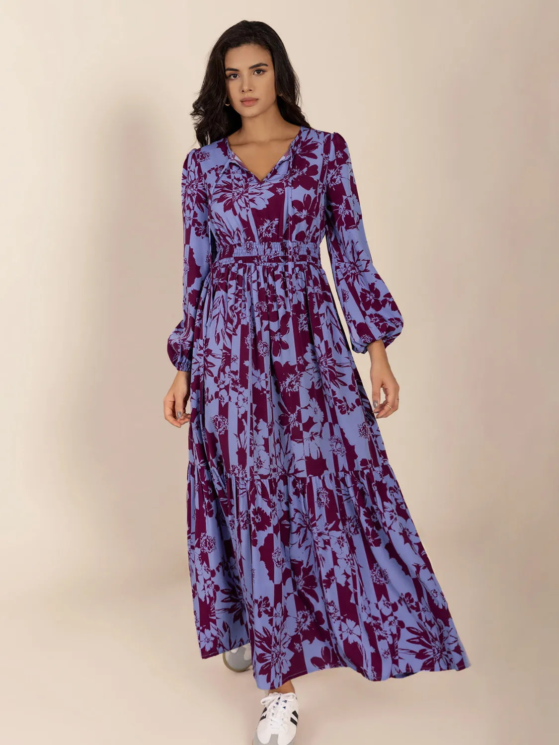 maxi balloon dress Printed Tie Neck Balloon Sleeve Maxi Dress Purple / S