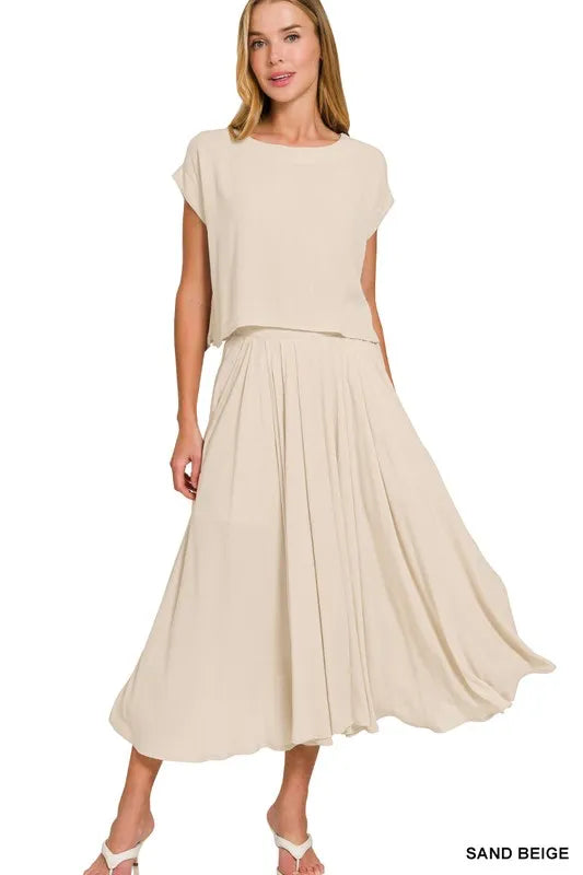 Gauze Crop Tee and Skirt Set for Effortless Style Sand Beige / S